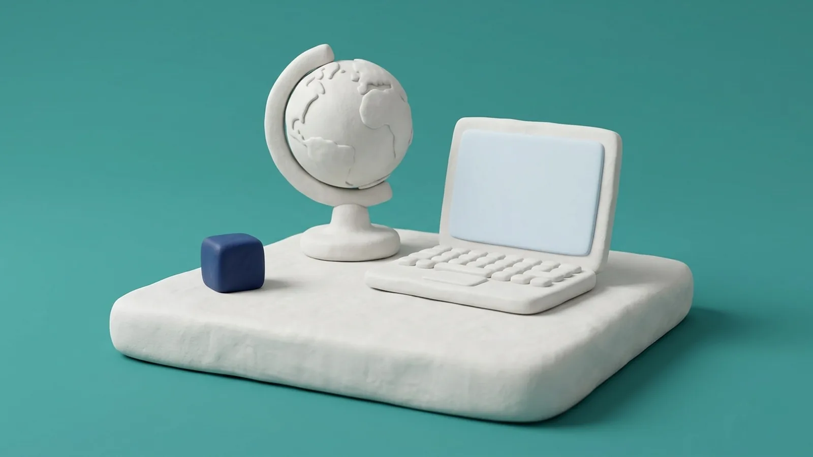 White clay illustration of a globe on a stand and a small laptop with a blank pale-blue screen
