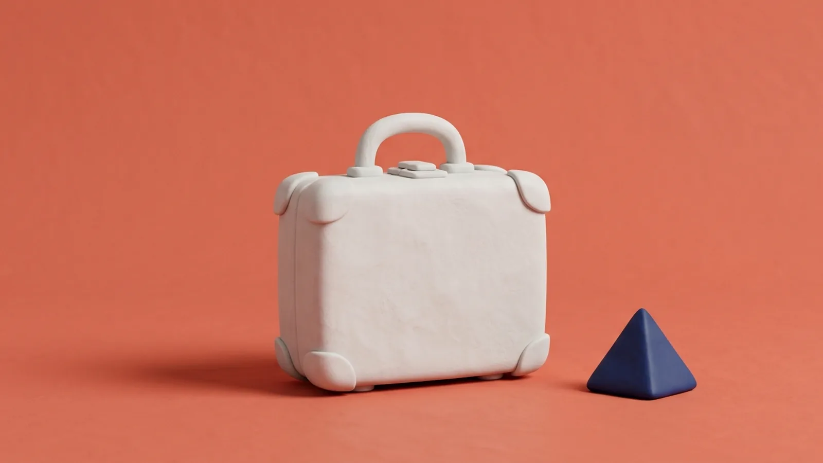 White clay illustration of a small suitcase and a little palm tree beside it