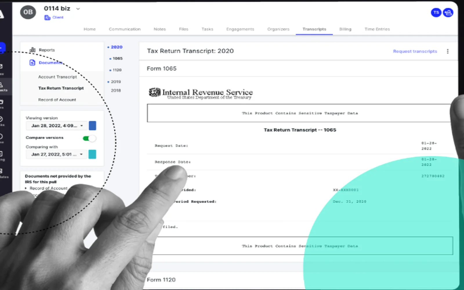 Canopy IRS transcripts screen showing a client's transcript history by tax year