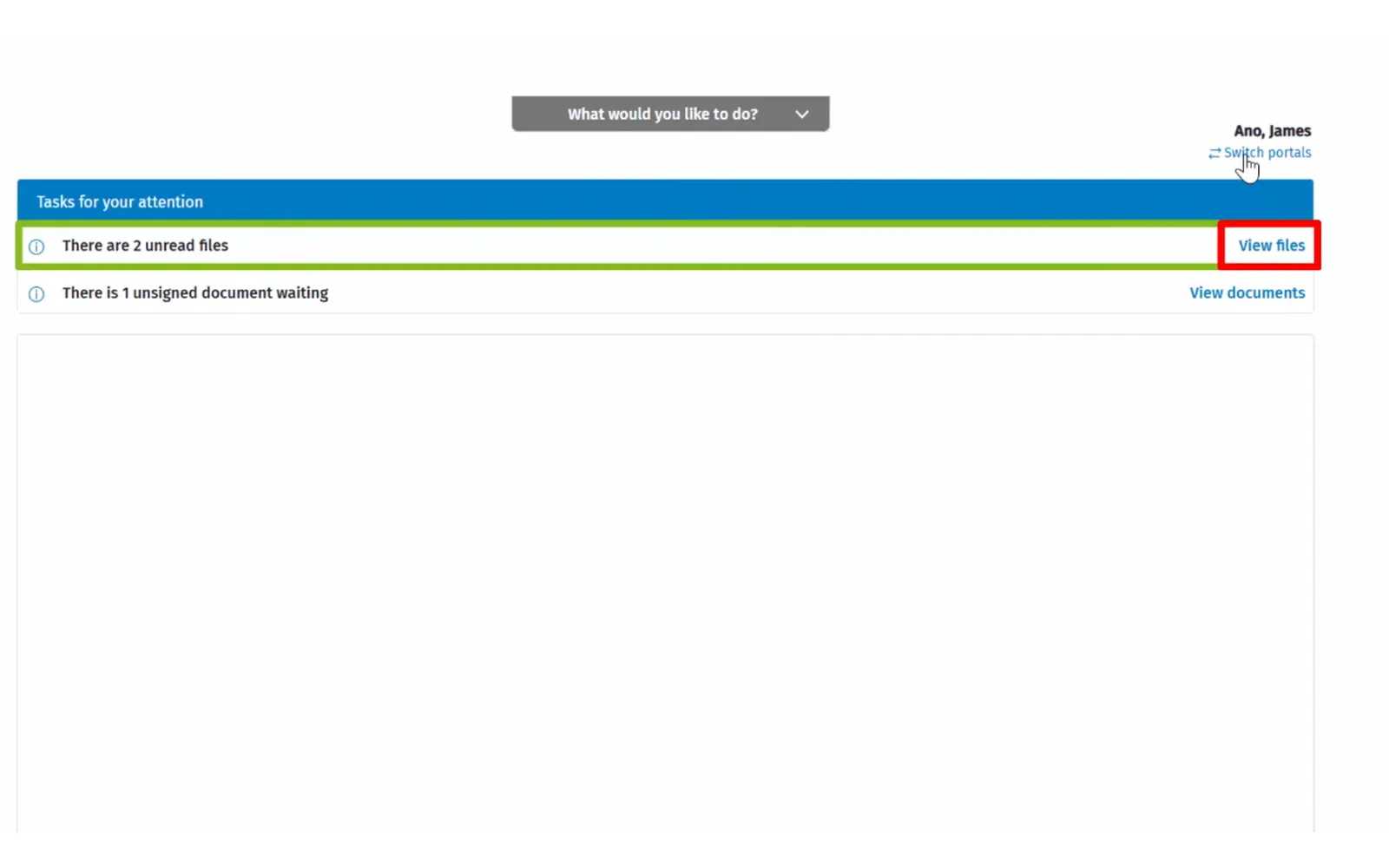 CCH iFirm client portal home showing a client's tasks, with two unread files and one unsigned document waiting