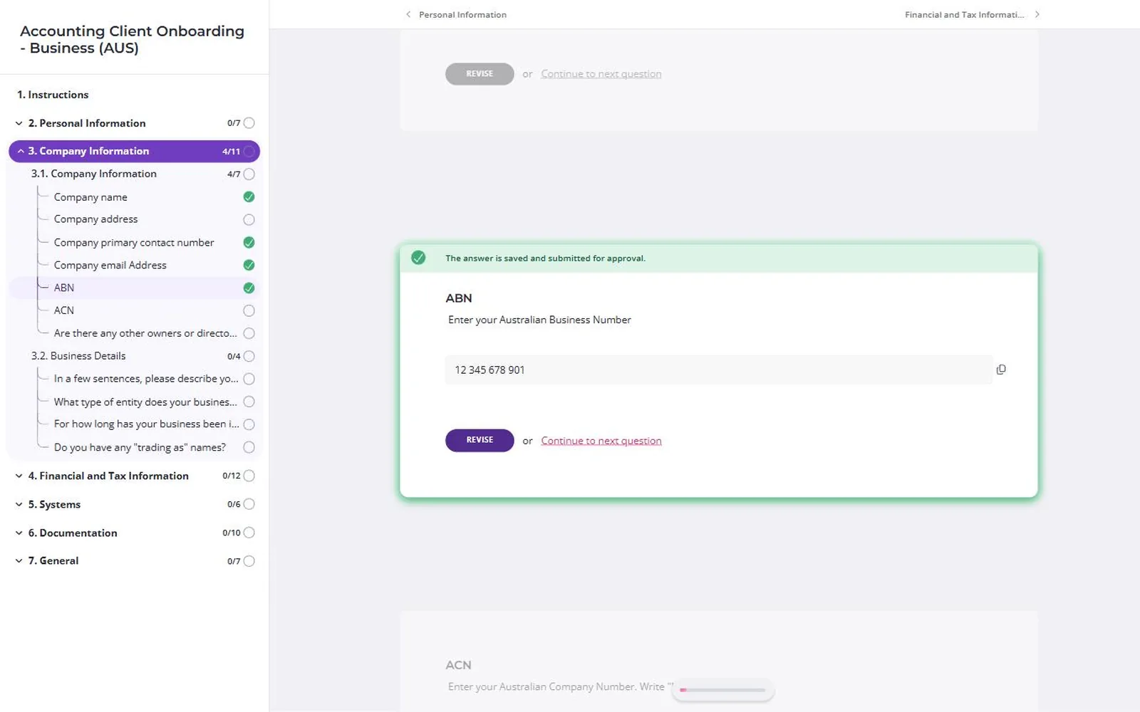 Content Snare client portal software for accountants showing an Australian business onboarding request with the ABN answered
