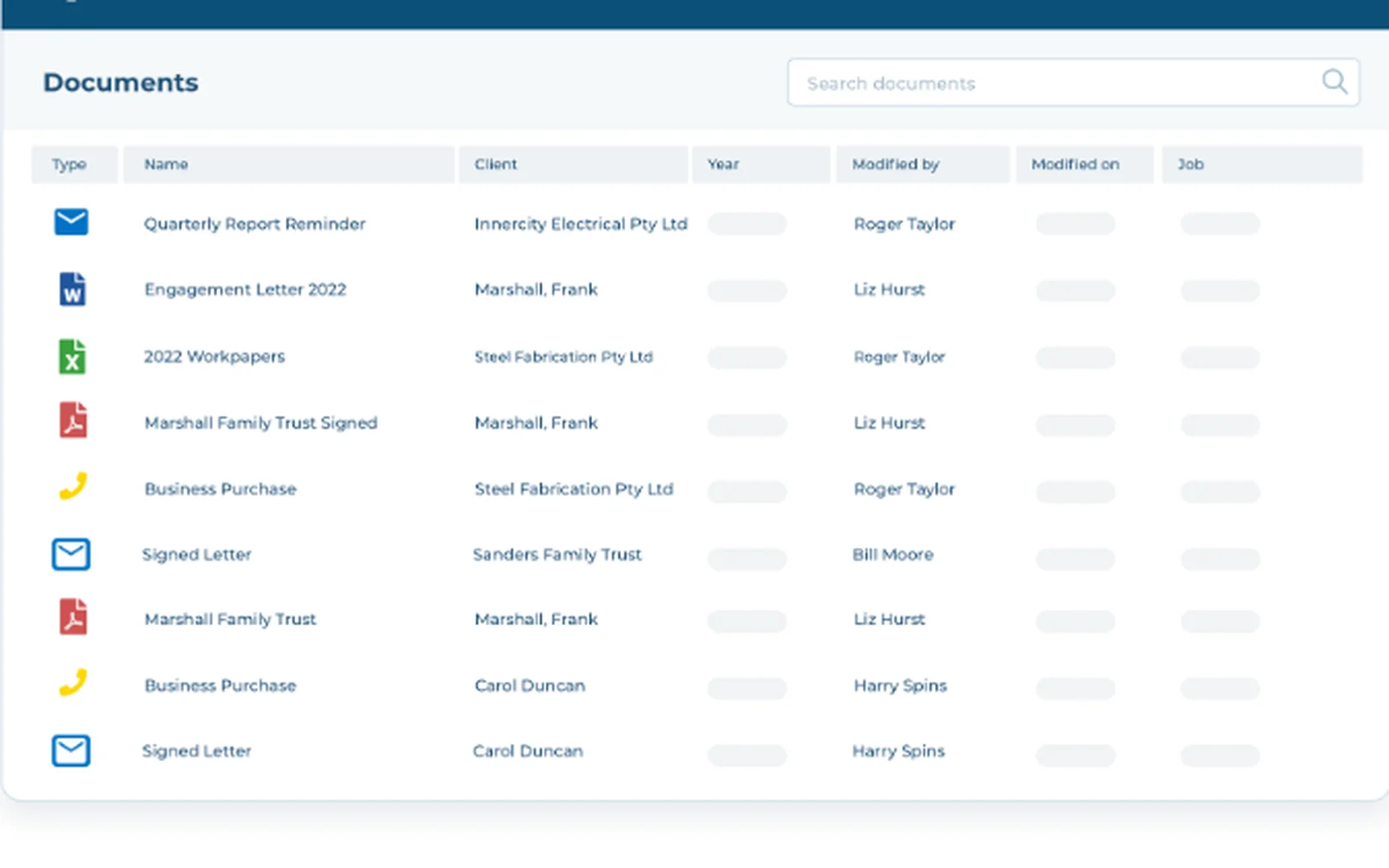 FYI document management screen listing files by client, with type, name and modified by columns