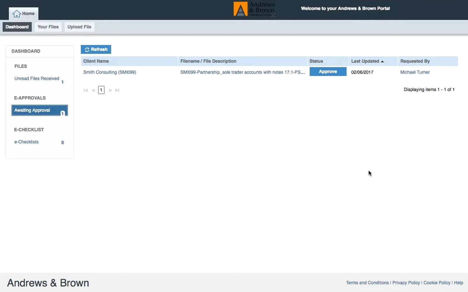 IRIS OpenSpace client dashboard showing a set of accounts awaiting the client's approval, with an Approve button