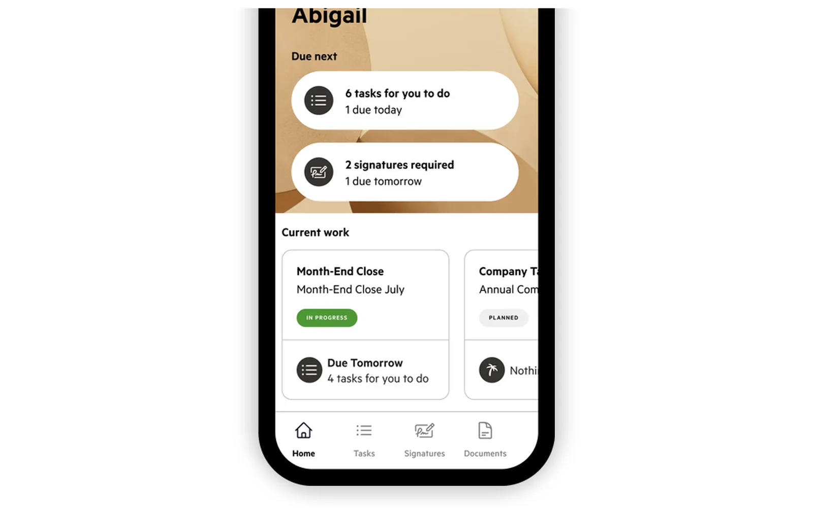Karbon for Clients mobile app showing a client's tasks and signature requests