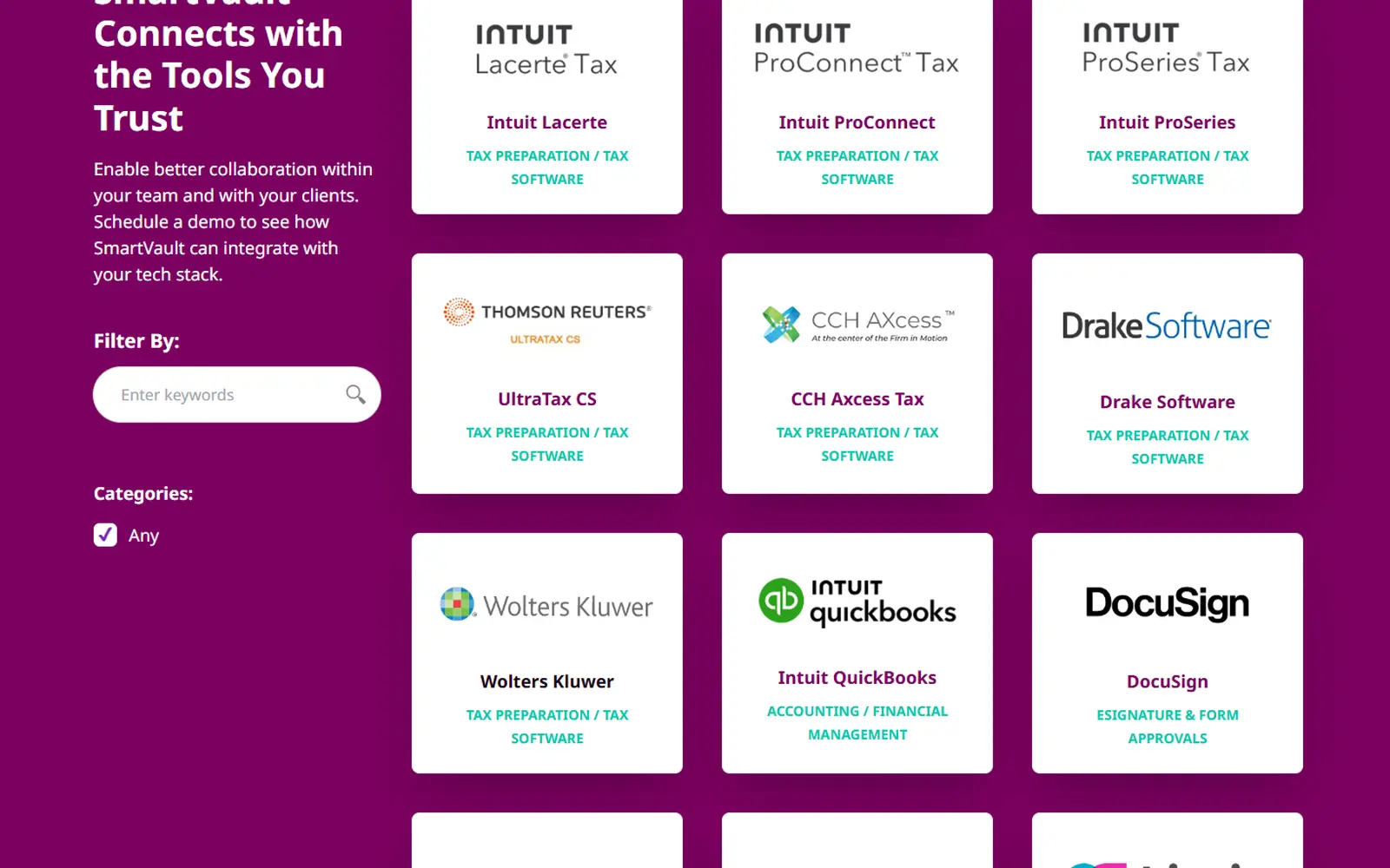 SmartVault integrations page showing tiles for the US tax software it connects to
