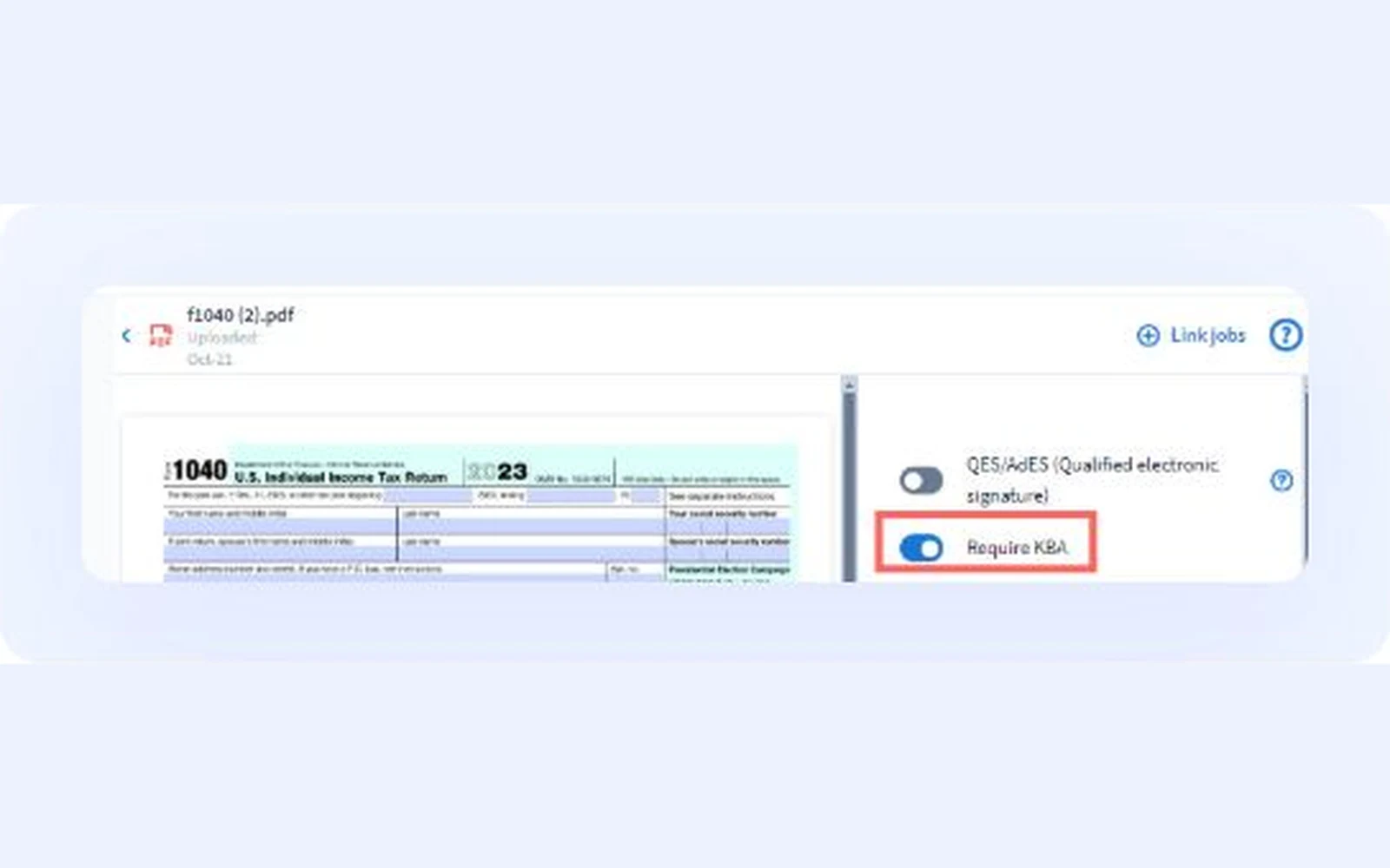 TaxDome e-signature screen showing a tax return with the Require KBA toggle switched on