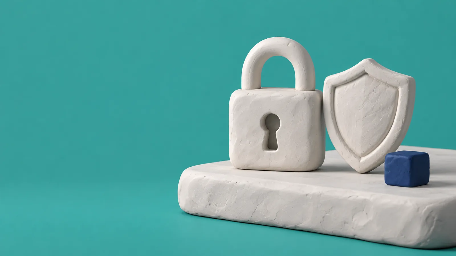 White clay illustration of a chunky padlock and a rounded shield standing beside it